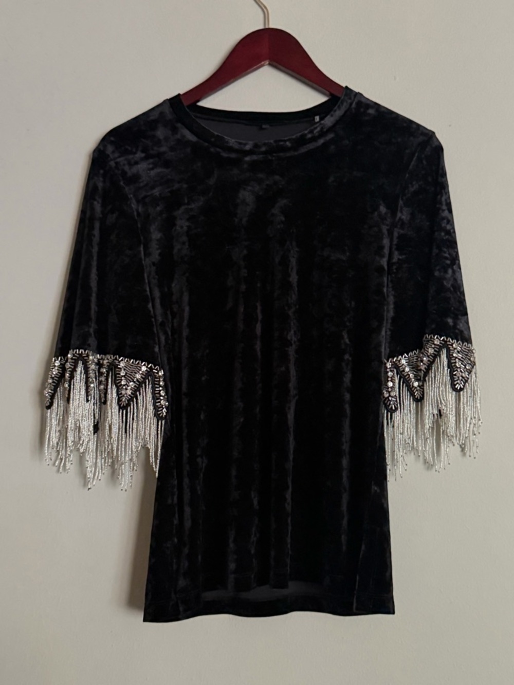 Kobi Halperin | Black Velvet Top Beaded Fringe Sleeve | Medium